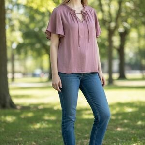 Tie-Neck Flutter Sleeve Blouse in Dusty Mauve